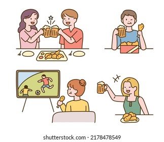 Korean Chicken Beer. Koreans Enjoying Various Kinds Of Chicken Flat Design Style Vector Illustration.