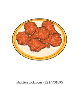 Korean chicken, fried chicken with sauce and sesame. Sour and spicy chicken wings. Isolated plate of Chikin or huraideu-chicken on white background. Authentic Korean food vector illustration