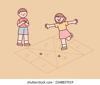 Korean chidhood game. Children are playing a game of hopscotch.