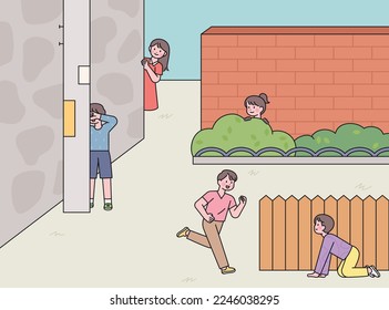 Korean childhood games. Cute children are playing hide-and-seek in the alley. illustration page