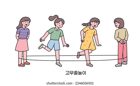 Korean childhood games. Girls are playing a game of dancing on rubber bands. Korean translation Rubber band game