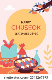 antecedentes del festival korean Chuseok. Feliz celebración del festival Chuseok. Chuseok (Traducción - Día de Acción de Gracias coreano). Ilustración vectorial. Cartel, cartel, tarjeta de felicitación. festival de cosecha de mediados de otoño