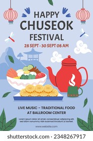 korean Chuseok festival background. Happy Chuseok festival celebration. Chuseok (Translation - Korean Thanksgiving Day). Vector illustration. Poster, Banner, Greeting Card. mid autumn harvest festival