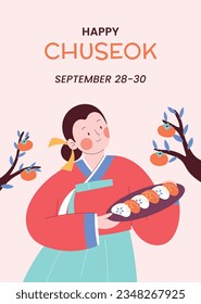 antecedentes del festival korean Chuseok. Feliz celebración del festival Chuseok. Chuseok (Traducción - Día de Acción de Gracias coreano). Ilustración vectorial. Cartel, cartel, tarjeta de felicitación. festival de cosecha de mediados de otoño