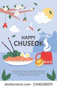 antecedentes del festival korean Chuseok. Feliz celebración del festival Chuseok. Chuseok (Traducción - Día de Acción de Gracias coreano). Ilustración vectorial. Cartel, cartel, tarjeta de felicitación. festival de cosecha de mediados de otoño