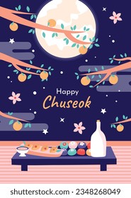 antecedentes del festival korean Chuseok. Feliz celebración del festival Chuseok. Chuseok (Traducción - Día de Acción de Gracias coreano). Ilustración vectorial. Cartel, cartel, tarjeta de felicitación. festival de cosecha de mediados de otoño