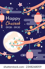 korean Chuseok festival background. Happy Chuseok festival celebration. Chuseok (Translation - Korean Thanksgiving Day). Vector illustration. Poster, Banner, Greeting Card. mid autumn harvest festival
