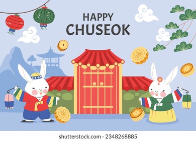 korean Chuseok festival background. Happy Chuseok festival celebration. Chuseok (Translation - Korean Thanksgiving Day). Vector illustration. Poster, Banner, Greeting Card. mid autumn harvest festival
