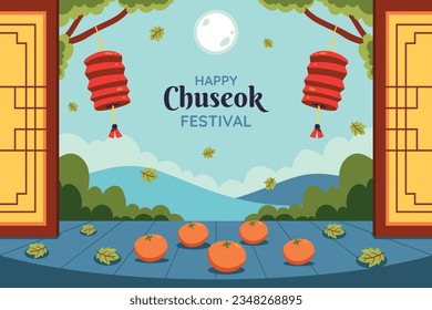 korean Chuseok festival background. Happy Chuseok festival celebration. Chuseok (Translation - Korean Thanksgiving Day). Vector illustration. Poster, Banner, Greeting Card. mid autumn harvest festival