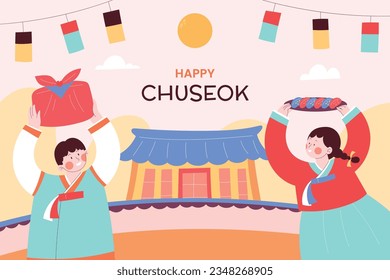 antecedentes del festival korean Chuseok. Feliz celebración del festival Chuseok. Chuseok (Traducción - Día de Acción de Gracias coreano). Ilustración vectorial. Cartel, cartel, tarjeta de felicitación. festival de cosecha de mediados de otoño