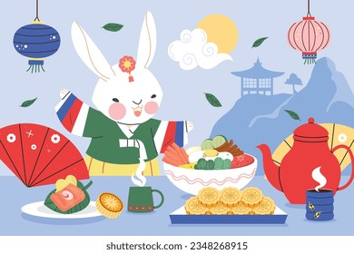 korean Chuseok festival background. Happy Chuseok festival celebration. Chuseok (Translation - Korean Thanksgiving Day). Vector illustration. Poster, Banner, Greeting Card. mid autumn harvest festival