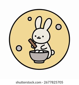 Conejo coreano de la luna de Chuseok golpeando el pastel de arroz