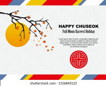 Korean Chuseok Thanksgiving Holiday background, vector illustration. Traditional pattern background, red logo, persimmon tree with fruits and leaves, moon and space for text.