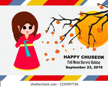 Korean Chuseok Thanksgiving Holiday greeting background, vector illustration. Cute dancing girl in traditional clothes, persimmon tree with fruits and leaves, moon and text.