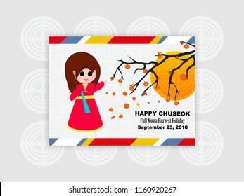 Korean Chuseok Thanksgiving Holiday greeting card, vector illustration. Pattern background, dancing girl in traditional clothes, persimmon tree with fruits and leaves, moon and text.