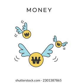Korean coin illustration flying with wings