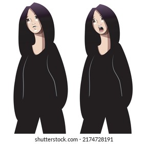 Korean Comic Style Girl With Dark Purple Hair And Black Sweatshirt, With Different Facial Expressions