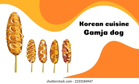 Korean Corn dog cartoon mascot. Illustration for restaurant menu. Side view. Vector illustration.