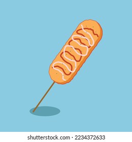 Korean corn dog illustration,  cheesy and crunchy with Mozzarella and chili sauce. Theme food.