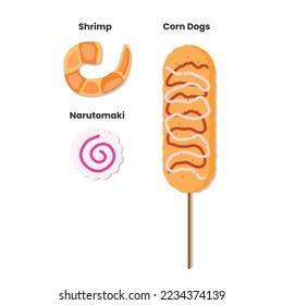 Korean corn dog illustration,  cheesy and crunchy with Mozzarella and chili sauce.  Narutomaki and Shrimp, theme food.