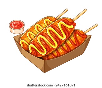 Korean corn dog sausage recipe illustration vector. Korean street food corn dog menu. Mozzarella cheese corn dog recipe korean street food. Korean corndog cheese stick. Deep fried cheese corndog menu.