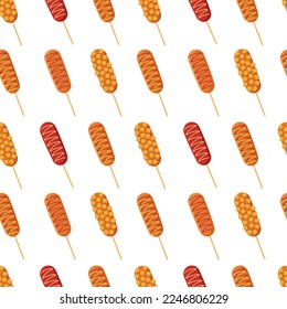 Korean corn dog seamless pattern in flat detailed style. Vector Asian street food background