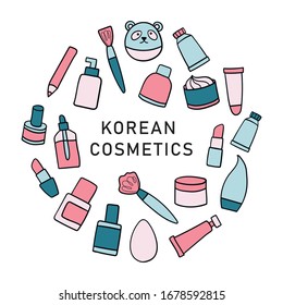 
Korean cosmetics. Cartoon vector style. Set of elements on a white background. Doodles