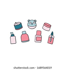 Korean cosmetics. Cartoon vector style. Set. White background. Doodles