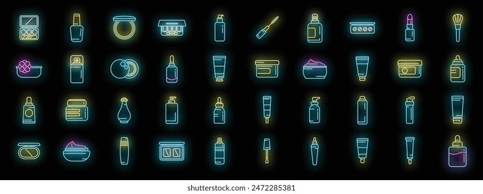 Korean cosmetics icons set outline vector. Aloe avocado. Bio mask neon color on black