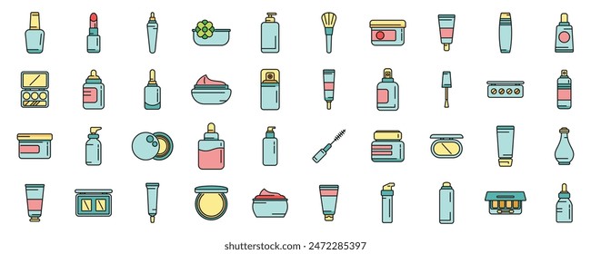 Korean cosmetics icons set outline vector. Aloe avocado. Bio mask thin line color flat on white