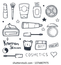 Korean cosmetics. K-Beauty banner with hand draw doodle background. Skincare and Makeup. Vector Illustration