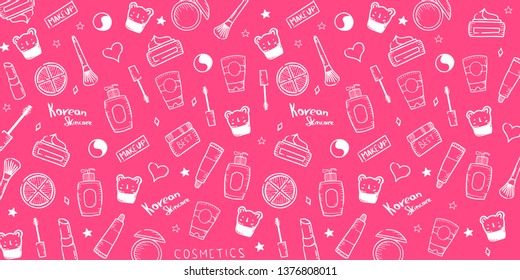 Korean cosmetics. K-Beauty banner with hand draw doodle background. Skincare and Makeup. Vector Illustration
