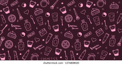 Korean cosmetics. K-Beauty banner with hand draw doodle background. Skincare and Makeup. Vector Illustration