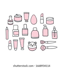 Korean cosmetics. Personal care. Beauty. Cute cartoon make up set. 
Creams, lipsticks, lotions, tonics, brushes.