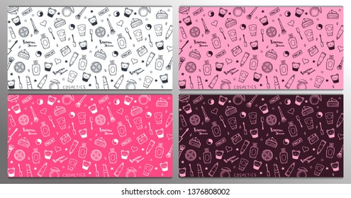 Korean cosmetics. Set of K-Beauty banners with hand draw doodle backgrounds. Skincare and Makeup. Vector Illustration