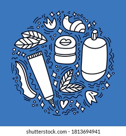 Korean cosmetics sketch drawing. Round pattern with doodle elements. Can be used for greeting card, poster and banner design.
