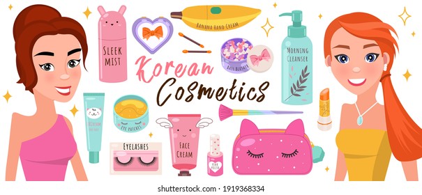 Pancarta coreana de cosméticos para el cuidado de la piel con dos hermosas chicas y accesorios cosméticos. Afiche de belleza con cremas, lápiz labial, parches, pestañas. Cuidado de la piel y maquillaje. Colección de moda de productos de belleza