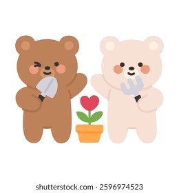 Korean Couple Bears Cartoon Gardening with Heart-Shaped Flower in a Pot Vector Illustration