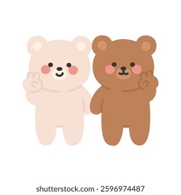 Korean Couple Bears Cartoon Making a Peace Sign and Smiling Together Vector Illustration