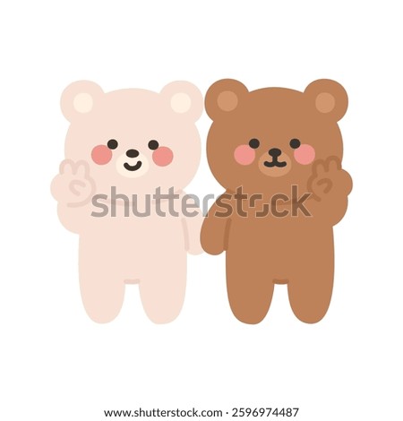 Korean Couple Bears Cartoon Making a Peace Sign and Smiling Together Vector Illustration