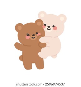 Korean Couple Bears Cartoon Playfully Jumping and Hugging with Smiles Vector Illustration