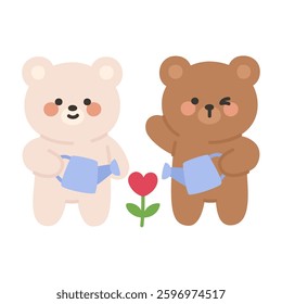 Korean Couple Bears Cartoon Watering a Heart-Shaped Tulip Together Vector Illustration