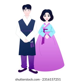 Korean couple in hanbok vector flat. Woman and man smiling in Korean traditional costume.