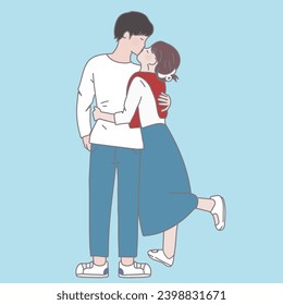  korean couple kissing and hugging on blue background in cute style,  in the style of charming illustrations, normcore, light red and dark cyan, hallyu, light white and light maroon, strong lines, car