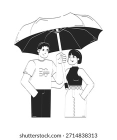 Casal coreano de pé sob guarda-chuva protetor rabiscar caracteres lineares. Namorada asiática namorado apoiante 2D vetor delineia pessoas isoladas. Ilustração de desenho desenhado à mão monocromática