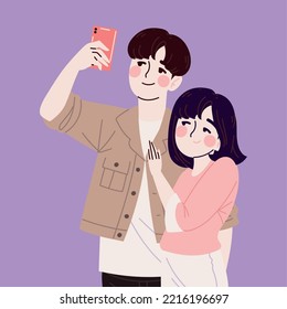 Una pareja coreana toma selfie, diseño