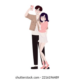 Korean couple using phone icon isolated