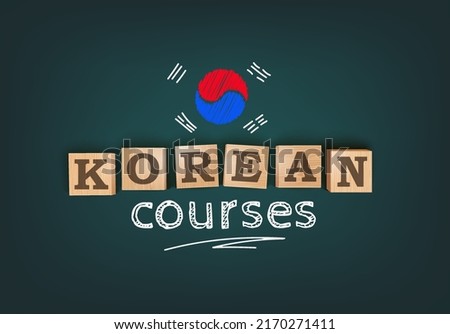 Korean Courses. Language Courses Template Background. Chalkboard Desk With Wooden Letters Blocks. Vector Editable Illustration