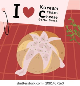 Korean Cream Cheese Garlic Bread.Cream Cheese Garlic Bread illustration.