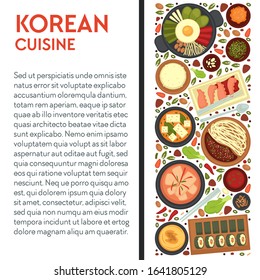 Korean cuisine banner template, text. Hot pot of bibimbap, kimchi soup, jajangmyeon noodles with black bean sauce, muneo-sukhoe blanched octopus in dipping, maeuntang spicy fish stew dishes. Vector.